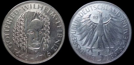 5 марок ФРГ 1966 D Лейбниц