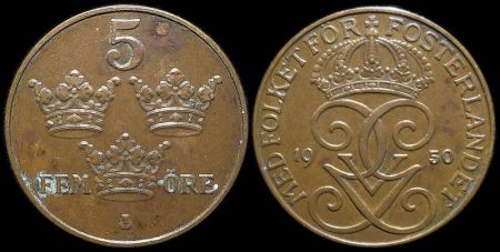 5 эре Швеция 1950 (Король Густав V)