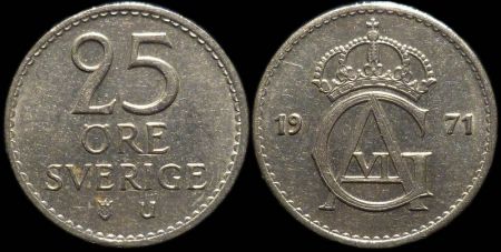 25 эре Швеция 1971 (Король Густав VI Адольф)