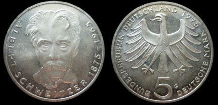 5 марок ФРГ 1975 G 100-летие со дня рождения Альберта Швейцера