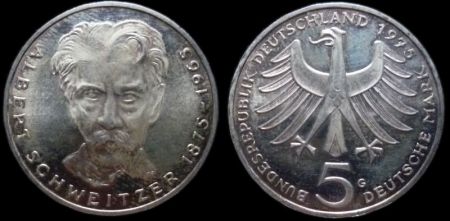 5 марок ФРГ 1975 G 100-летие со дня рождения Альберта Швейцера