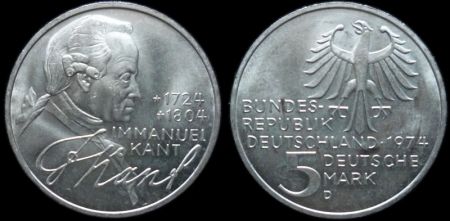 5 марок ФРГ 1974 D 250-летие со дня рождения Иммануила Канта