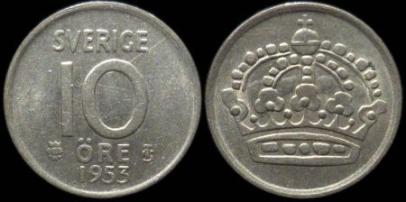 10 эре Швеция 1953 (Король Густав V)