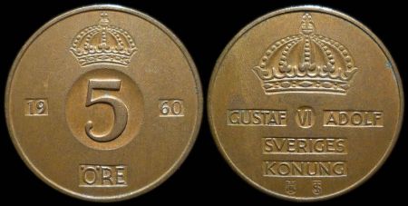 5 эре Швеция 1960 (Король Густав VI Адольф)