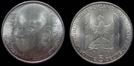 5 марок ФРГ 1978 D 100-летие со дня рождения Густава Штреземана